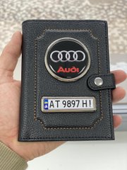 Портмоне для автодокументов и денег Кожаная обложка с логотипом AUDI и гос. номером авто