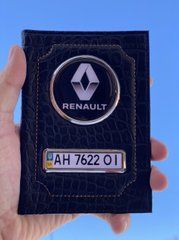 Шкіряна обкладинка для автодокументів із логотипом RENAULT і гость. номером авто чорна шкіра крокодила