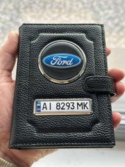 Портмоне для автодокументов и денег Кожаная обложка с логотипом FORD и гос. номером авто