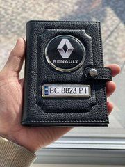Портмоне для автодокументов и денег Кожаная обложка с логотипом RENAULT и гос. номером авто