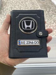 Портмоне для автодокументов и денег Кожаная обложка с логотипом HONDA и гос. номером авто