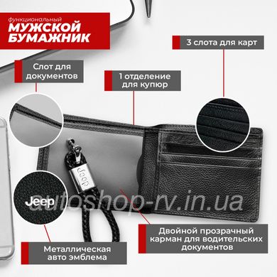 Подарунковий набір Аксессуарів JEEP гаманець та плетений брелок Натуральна шкіра, Черный