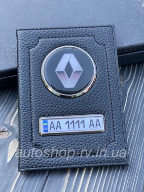 Кожаная обложка для автодокументов RENAULT с логотипом и гос. номером авто