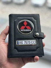 Портмоне для автодокументов и денег Кожаная обложка с логотипом MITSUBISHI и гос. номером авто