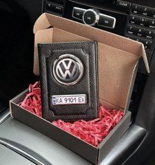 Кожаная обложка для автодокументов с логотипом VOLKSWAGEN и гос. номером авто натуральная кожа
