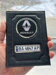 Кожаная обложка для автодокументов с логотипом RENAULT и гос. номером авто ребристая кожа с черной ниткою