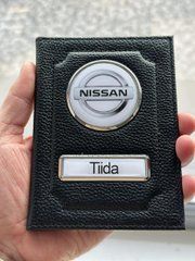 Шкіряна обкладинка для автодокументів із логотипом NISSAN і держ. номером авто ребриста шкіра з чорною ниткою