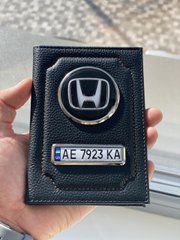 Шкіряна обкладинка для автодокументів з логотипом HONDA і держ. номером авто ребриста шкіра з жовтою ниткою