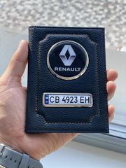 Шкіряна обкладинка для автодокументів з логотипом RENAULT і держ. номером авто ребриста шкіра з жовтою ниткою