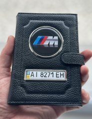Портмоне для автодокументов и денег Кожаная обложка с логотипом BMW M и гос. номером авто