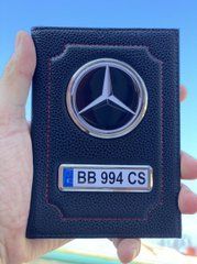 Шкіряна обкладинка для автодокументів із логотипом MERCEDES і годен. номером авто ребриста шкіра з червоною ниткою