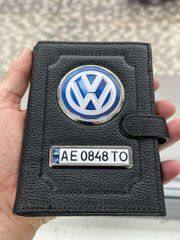 Портмоне для автодокументов и денег Кожаная обложка с логотипом VOLKSWAGEN и гос. номером авто