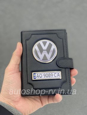 Портмоне для автодокументів і грошей Шкіряна обкладинка з логотипом VOLKSWAGEN та держ. номером авто