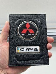 Кожаная обложка для автодокументов с логотипом MITSUBISHI и гос. номером авто ребристая кожа с черной ниткою