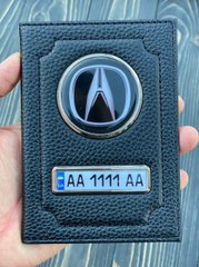 Кожаная обложка для автодокументов ACURA с логотипом и гос. номером авто