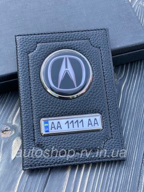 Шкіряна обкладинка для автодокументів ACURA з логотипом і держ. номером авто