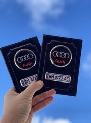 Шкіряна обкладинка для автодокументів із логотипом AUDI та гостю. номером авто чорна глянсова шкіра