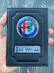 Шкіряна обкладинка для автодокументів ALFA ROMEO з логотипом і держ. номером авто