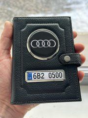 Портмоне для автодокументів і грошей Шкіряна обкладинка з логотипом AUDI та держ. номером авто