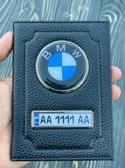 Шкіряна обкладинка для автодокументів BMW з логотипом і держ. номером авто