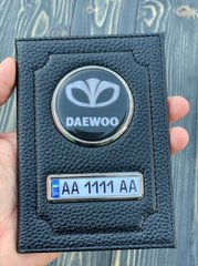 Кожаная обложка для автодокументов DAEWOO с логотипом и гос. номером авто