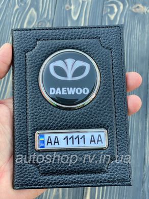 Шкіряна обкладинка для автодокументів DAEWOO з логотипом і держ. номером авто