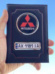 Шкіряна обкладинка для автодокументів із логотипом MITSUBISHI та гость. номером авто ребриста шкіра з червоною ниткою