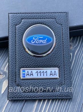 Кожаная обложка для автодокументов FORD с логотипом и гос. номером авто